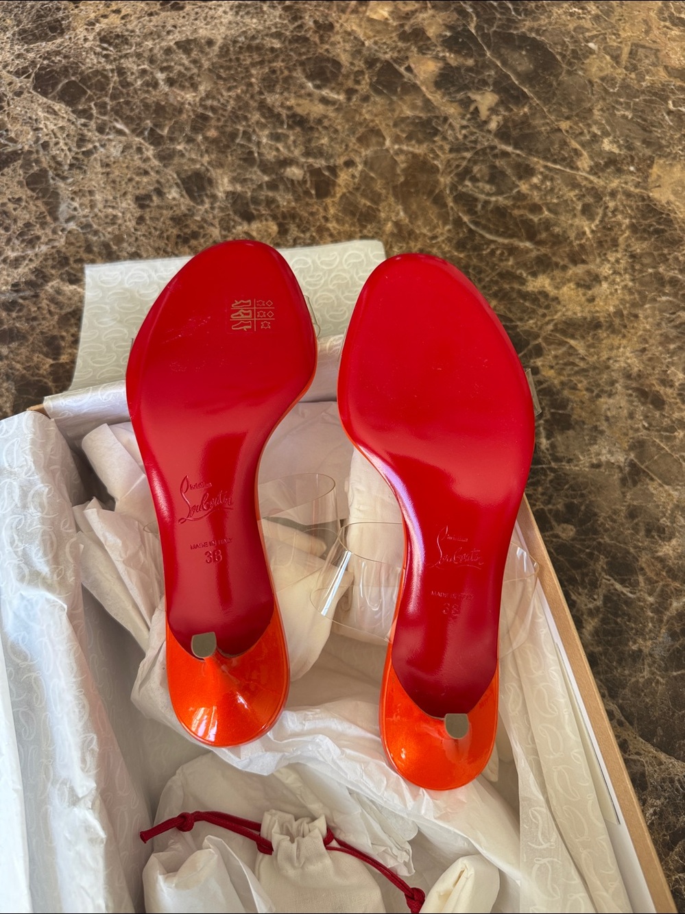 Christian Louboutin just nothing pvc orange magma 55mm stiletto sandal sz 38 - Picture 10 of 11